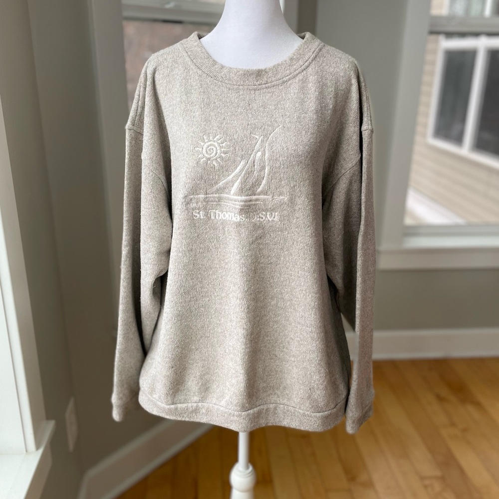 Vintage Basix USA Neutral Tan Oversized St Thomas Beach Fisherman Sweatshirt XL